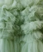 Chic / Beautiful Sage Green Cascading Ruffles Pleated Prom Dresses 2024 Ball Gown Off-The-Shoulder Short Sleeve Backless Sweep Train Prom Formal Dresses