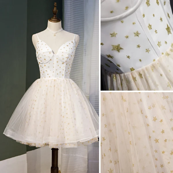 Charming Ivory Star Sequins Birthday Party Dresses 2022 A-Line / Princess Spaghetti Straps Sleeveless Backless Floor-Length / Long Formal Dresses