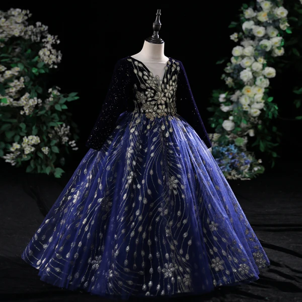 Vintage / Retro Navy Blue Glitter Sequins Birthday Flower Girl Dresses 2024 Ball Gown Scoop Neck Long Sleeve Backless Floor-Length / Long