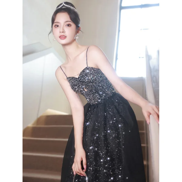 Sparkly Sexy Black Sequins Evening Dresses 2023 A-Line / Princess Spaghetti Straps Sleeveless Backless Floor-Length / Long Evening Party Formal Dresses
