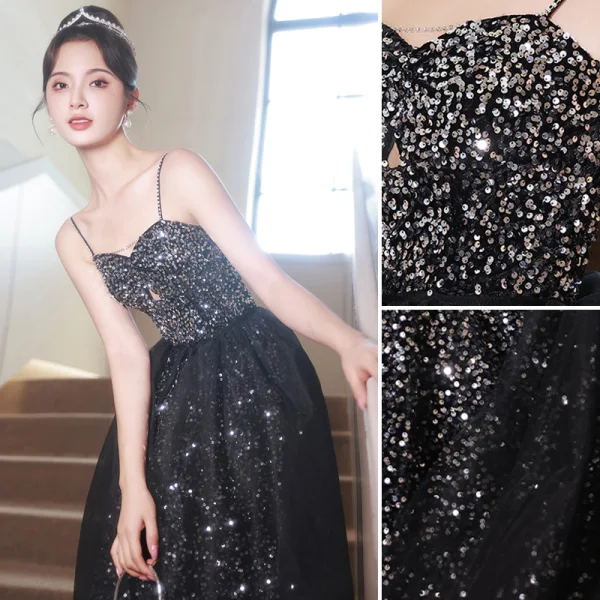 Sparkly Sexy Black Sequins Evening Dresses 2023 A-Line / Princess Spaghetti Straps Sleeveless Backless Floor-Length / Long Evening Party Formal Dresses