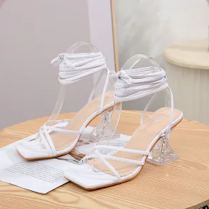 Sexy Blanche Soirée Cristal Sandales Femme Talons Hauts 2022 8 Cm Talons Aiguilles Bride Cheville Peep Toes Bout Ouvert Sandales