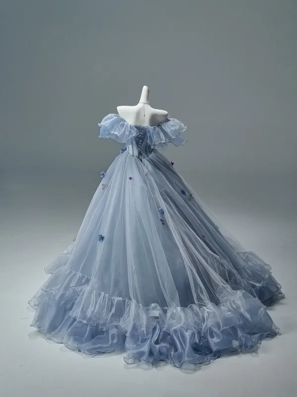 Elegant Sky Blue Appliques Prom Dresses 2026 Ball Gown Off-The-Shoulder Short Sleeve Backless Floor-Length / Long Formal Dresses