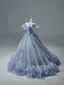 Elegant Sky Blue Appliques Prom Dresses 2026 Ball Gown Off-The-Shoulder Short Sleeve Backless Floor-Length / Long Formal Dresses