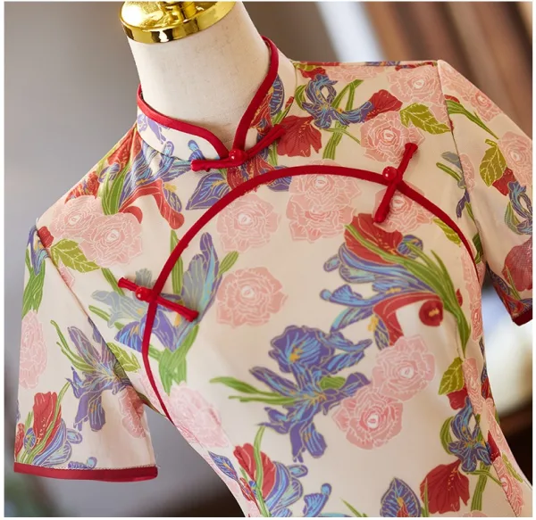 Chinesischer Stil Multifarben Drucken Abend Cheongsam 2025 Meerjungfrau Stehkragen Kurze Ärmel Lange