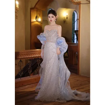 Sexy Bleu Ciel Perlage Perle Paillettes Robe De Soirée 2025 Trompette Sirène Bustier Sans Manches Dos Nu Longue Soirée Robe De Ceremonie