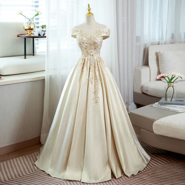 Elegant Champagne Prom Dresses 2022 Ball Gown Off-The-Shoulder Beading Sequins Sleeveless Backless Floor-Length / Long Prom Formal Dresses