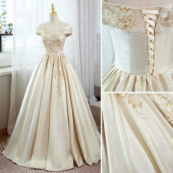 Elegant Champagne Prom Dresses 2022 Ball Gown Off-The-Shoulder Beading Sequins Sleeveless Backless Floor-Length / Long Prom Formal Dresses