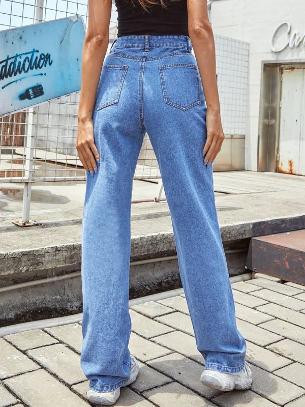 Fashion Women Street Wear Straight Jeans 2021 Ocean Blue Pants Denim Bottoms