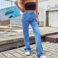 Moda Mujer Ropa de calle Rectos Vaqueros 2021 Océano Azul Pantalones Mezclilla Bottoms