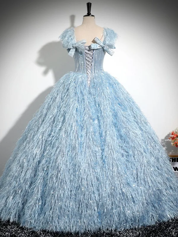 Fashion Sky Blue Bow Tassel Prom Dresses 2024 Ball Gown Square Neckline Short Sleeve Backless Floor-Length / Long Prom Formal Dresses