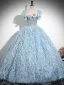 Fashion Sky Blue Bow Tassel Prom Dresses 2024 Ball Gown Square Neckline Short Sleeve Backless Floor-Length / Long Prom Formal Dresses