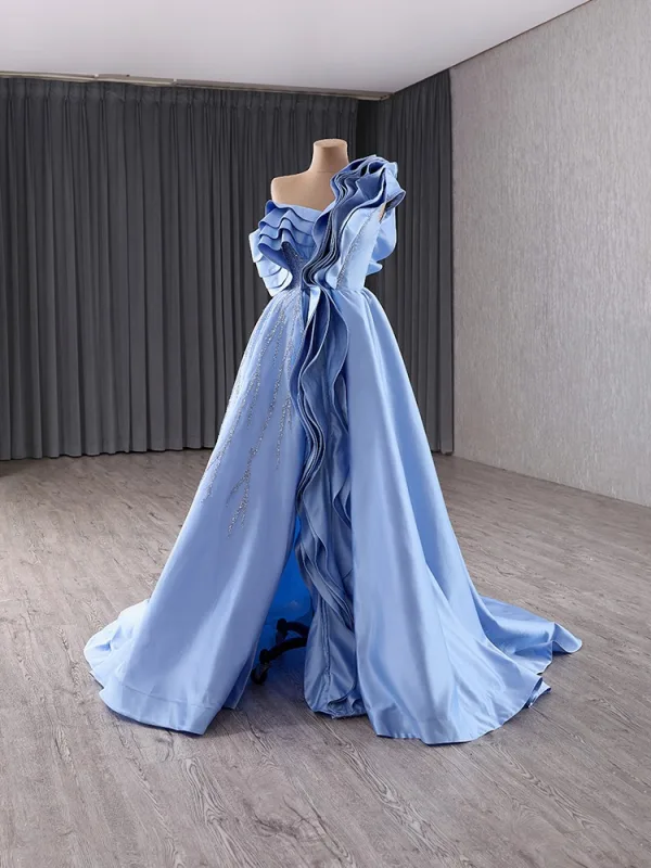 Haut de Gamme Mode Bleu Ciel Perlage Paillettes Robe De Bal 2024 Princesse Une épaule Sans Manches Dos Nu Train De Balayage Promo Robe De Ceremonie
