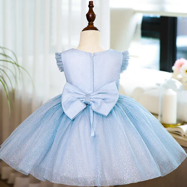Modest / Simple Sky Blue Glitter Spotted Birthday Flower Girl Dresses 2022 Ball Gown Scoop Neck Short Sleeve Bow Short Flower Girl Dresses