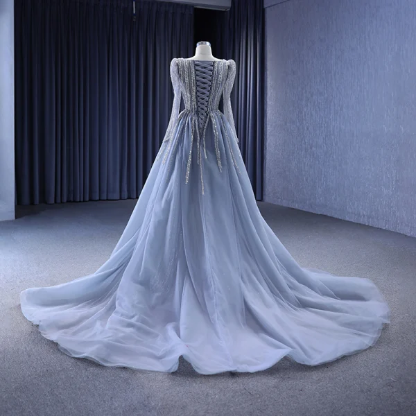 High-end Vintage / Retro Grey Beading Sequins Evening Dresses 2023 Trumpet / Mermaid V-Neck Long Sleeve Evening Party Court Train Formal Dresses