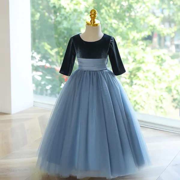 Modest / Simple Navy Blue Wedding Flower Girl Dresses 2023 Ball Gown Scoop Neck Short Sleeve Bow Floor-Length / Long Flower Girl Dresses