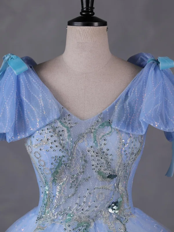 Fashion Sky Blue Beading Sequins Prom Dresses 2023 Ball Gown V-Neck Short Sleeve Bow Backless Floor-Length / Long Prom Formal Dresses