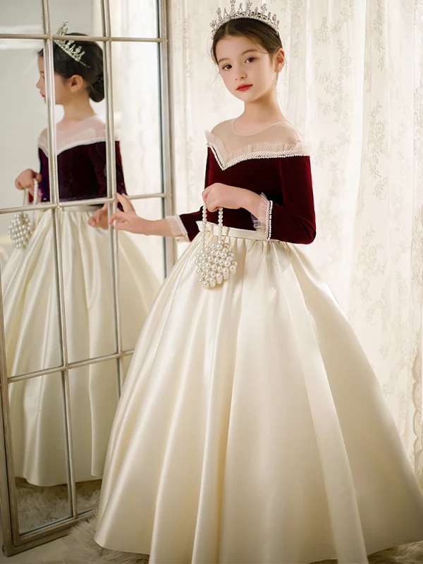 Elegant Burgundy Satin Birthday Flower Girl Dresses 2022 Ball Gown Pearl Scoop Neck Sash Bow Long Sleeve Floor-Length / Long Flower Girl Dresses