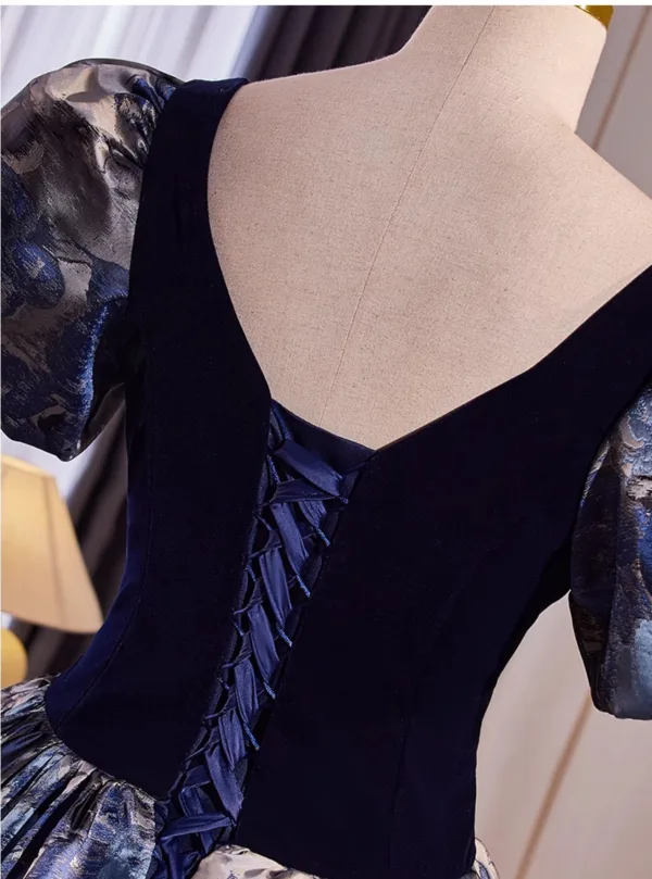 Vintage / Retro Navy Blue Printing Prom Dresses 2024 Ball Gown Square Neckline Puffy Short Sleeve Backless Floor-Length / Long Prom Formal Dresses