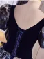 Vintage / Retro Navy Blue Printing Prom Dresses 2024 Ball Gown Square Neckline Puffy Short Sleeve Backless Floor-Length / Long Prom Formal Dresses