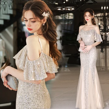 Sparkly Sexy Champagne Sequins Evening Dresses 2022 Trumpet Mermaid Spaghetti Straps Short Sleeve Backless Floor Length Long Evening Party Formal Dresses