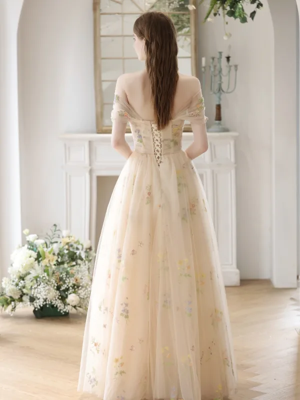 Elegante Champagner Blumen Ballkleider 2023 A Linie Spaghettiträger Ärmellos Rückenfreies Lange Ball Festliche Kleider