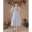 Chic / Belle Bleu Ciel Perle de retour Robe De Graduation 2023 Princesse Encolure Carrée Manches Courtes Dos Nu Thé Longueur Robe De Ceremonie