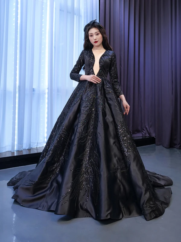 Haut de Gamme Bling Bling Noire Fait main Paillettes Robe De Bal 2024 Robe Boule Encolure Dégagée Manches Longues Train De Balayage Promo Robe De Ceremonie