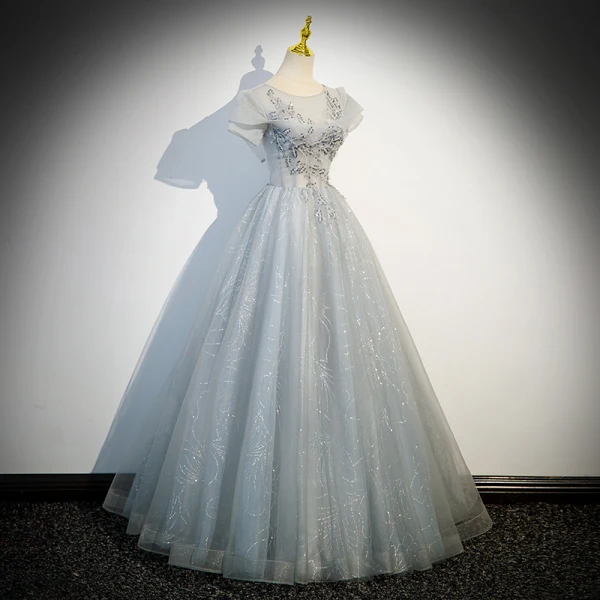 Chic / Belle Gris Argenté Perlage Paillettes Robe De Bal 2023 Princesse Encolure Dégagée Manches Courtes Dos Nu Longue Promo Robe De Ceremonie