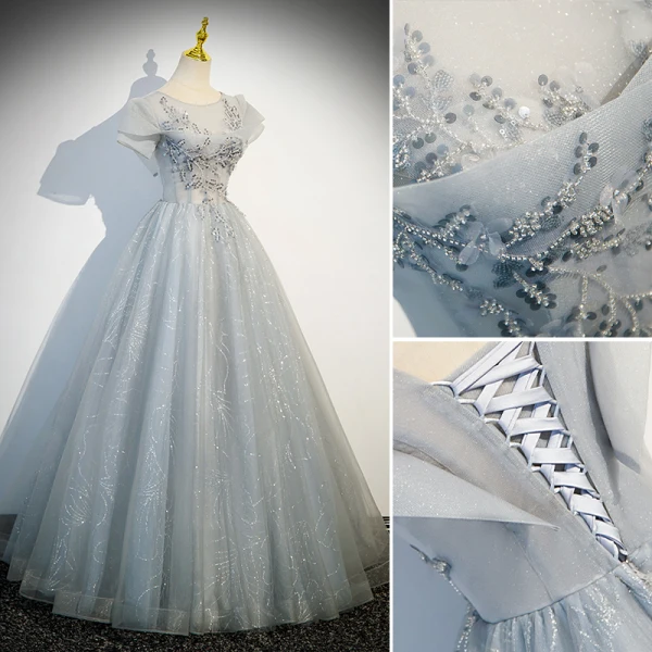 Chic / Belle Gris Argenté Perlage Paillettes Robe De Bal 2023 Princesse Encolure Dégagée Manches Courtes Dos Nu Longue Promo Robe De Ceremonie