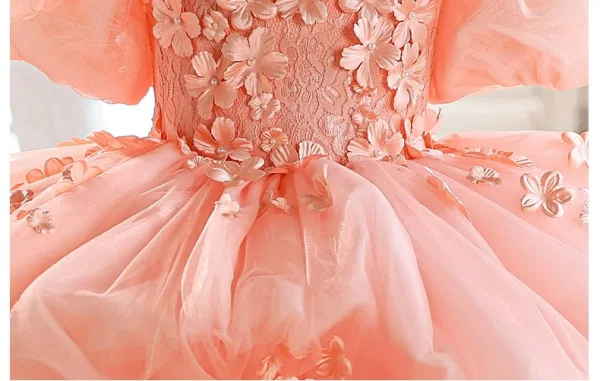 Chic / Belle Rougissant Rose Volants en Cascade Perle Appliques Anniversaire Robe Ceremonie Fille 2025 Robe Boule Encolure Dégagée Manches Courtes Dos Nu Tribunal Train Tulle