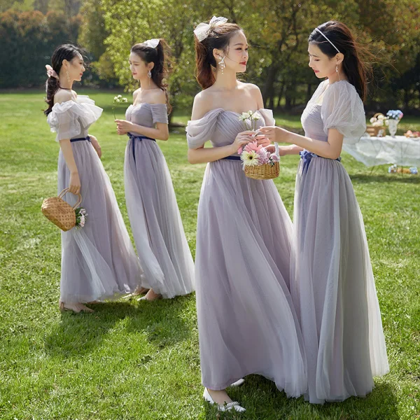 Modest / Simple Lavender Bridesmaid Dresses 2022 A-Line / Princess Short Sleeve Backless Bow Sash Floor-Length / Long Bridesmaid