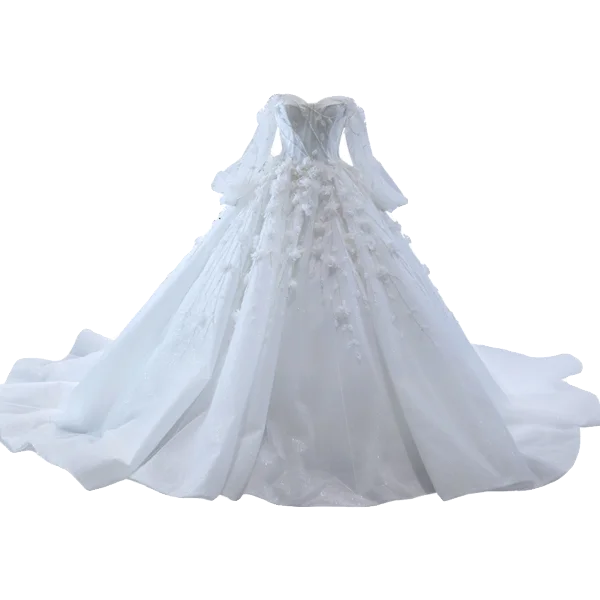 Luxury / Gorgeous White Beading Appliques Sequins Wedding Dresses 2023 Ball Gown Off-The-Shoulder Long Sleeve Backless Chapel Train Wedding