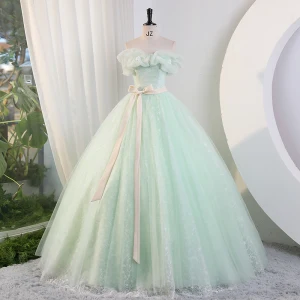 Chic Belle Vert Cendré Perle Appliques Robe De Bal 2023 Robe Boule Bustier Sans Manches Dos Nu Noeud Ceinture Longue Promo Robe De Ceremonie
