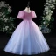 Charmant Dégradé De Couleur Rougissant Rose Anniversaire Robe Ceremonie Fille 2022 Robe Boule Encolure Carrée Perlage Paillettes Gonflée Manches Courtes Longue Robe Ceremonie Fille