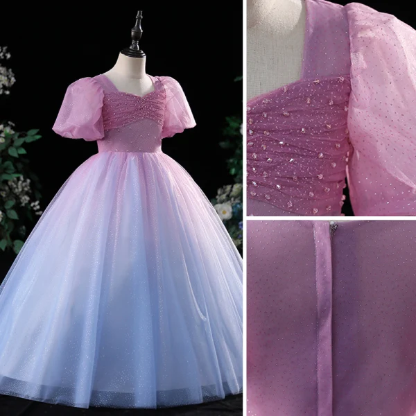 Chic / Belle Violet Dégradé De Couleur Robe De Bal 2022 Robe Boule Bretelles Spaghetti Manches Courtes Dos Nu Perlage Paillettes Longue Robe De Ceremonie