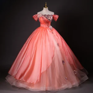 Élégant Watermelon Rouge Perlage Appliques Paillettes Robe De Bal 2024 Robe Boule De L Épaule Sans Manches Dos Nu Longue Promo Robe De Ceremonie