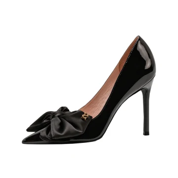 Mode Zwarte Gala Pumps 2022 Leer Strik 10 Cm Naaldhakken Stiletto Spitse Neus Pumps Hoge Hakken