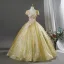 Bling Bling Doré En Dentelle Fleur Appliques Paillettes Robe De Bal 2026 Robe Boule Encolure Carrée Manches Courtes Dos Nu