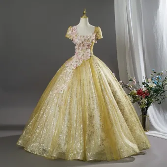 Bling Bling Gold Spitze Blumen Applikationen Pailletten Ballkleider 2026 Ballkleid Eckiger Ausschnitt Kurze Ärmel Rückenfreies