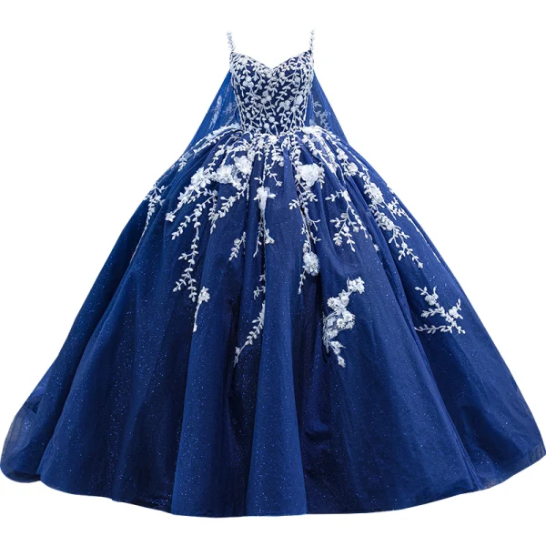 Haut de Gamme Bleu Marine Fait main Perlage Paillettes Appliques Robe De Bal 2023 Robe Boule Bretelles Spaghetti Sans Manches Dos Nu Longue Promo Robe De Ceremonie