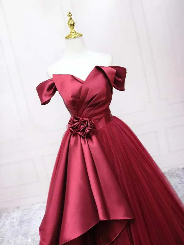 Elegant Burgundy Prom Dresses 2025 Ball Gown Off-The-Shoulder Short Sleeve Backless Floor-Length / Long Prom Formal Dresses