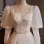 Elegant White Pearl Lace Flower Prom Dresses 2024 Ball Gown V-Neck 3/4 Sleeve Backless Sweep Train Prom Formal Dresses
