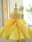 Lovely Yellow Beading Pearl Sequins Short Birthday Flower Girl Dresses 2023 Scoop Neck Ball Gown Sleeveless Backless Bow