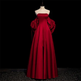 Hermoso Borgoña Satén Vestidos De Gala 2023 A Line Princess Sin Tirantes Manga Corta Sin Espalda Bowknot Largos Gala Vestidos Formales