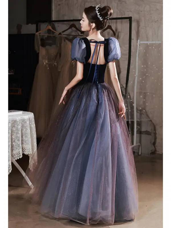 Chic / Beautiful Gradient-Color Purple Glitter Prom Dresses 2022 A-Line / Princess Square Neckline Puffy Short Sleeve Backless Bow Floor-Length / Long Prom Formal Dresses