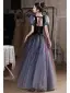 Chic / Beautiful Gradient-Color Purple Glitter Prom Dresses 2022 A-Line / Princess Square Neckline Puffy Short Sleeve Backless Bow Floor-Length / Long Prom Formal Dresses