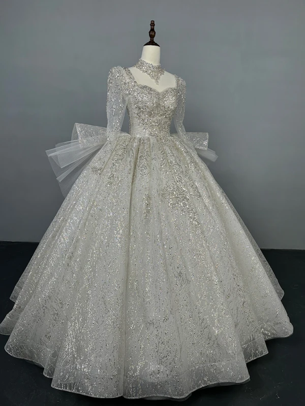 Scintillantes Blanche Perlage Glitter Paillettes Robe De Mariée 2024 Robe Boule Encolure Carrée Manches Longues Dos Nu Longue Mariage