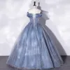 Elegant Sky Blue Prom Dresses 2022 Ball Gown Ruffle Off-The-Shoulder Sleeveless Backless Floor-Length / Long Prom Formal Dresses