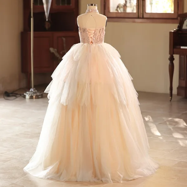 Chic / Beautiful Blushing Pink Beading Sequins Cascading Ruffles Birthday Flower Girl Dresses 2025 Ball Gown High Neck Sleeveless Backless Floor-Length / Long